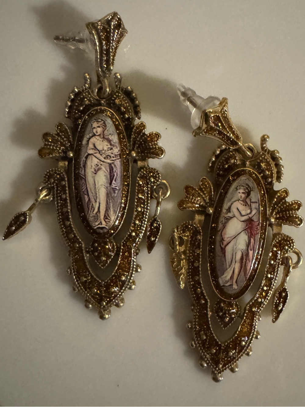 Gold Cameo Drop Earrings with Classical Figure Inlay